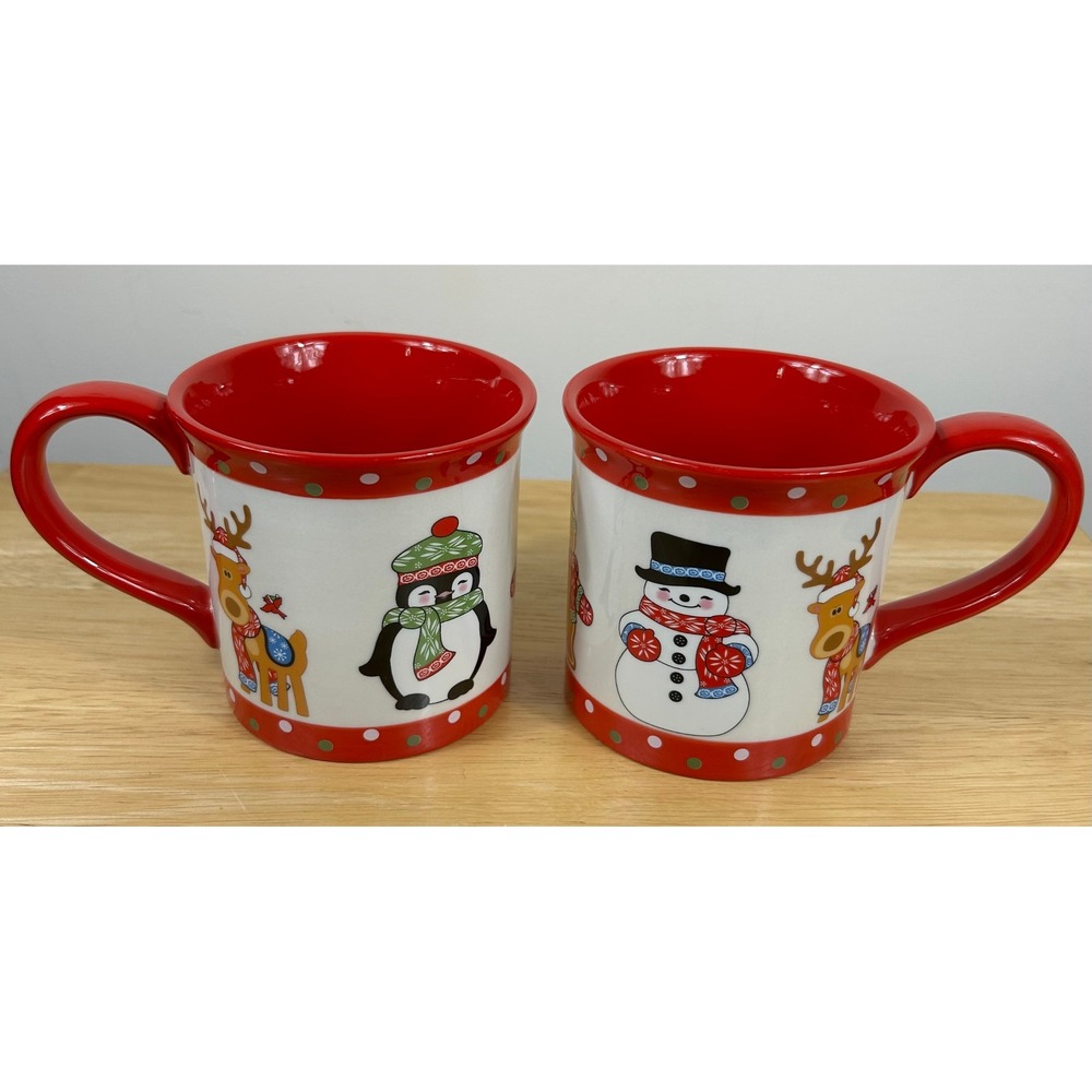 Temp-tations Winter Whimsy Mugs Set of 2 Red White Hand Painted Christmas 14oz